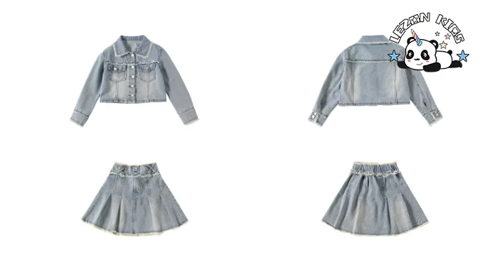 LEZONKIDS - Conjunto de duas peças de jaqueta jeans com gola virada e saia de jeans casual para meninas